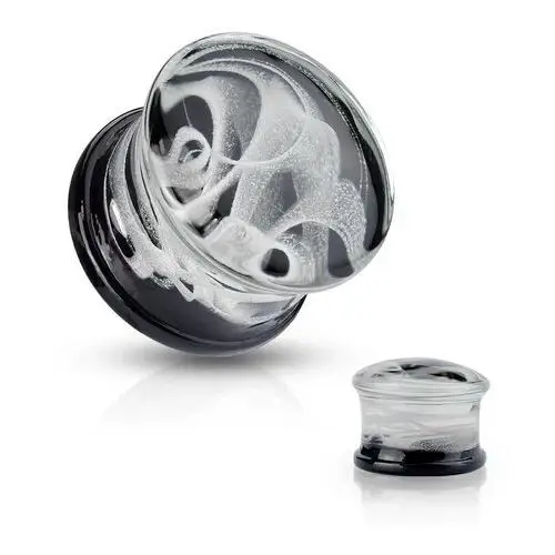 Siodłowy plug do ucha Pyrex szkło - biały dymny wzór z czarnym wykończeniem - Szerokość: 8 mm, G25.01