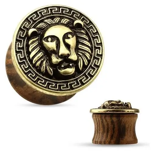 Biżuteria e-shop Siodłowy plug do ucha z drewna ciemnobrązowego koloru, patynowana głowa lwa - szerokość: 8 mm