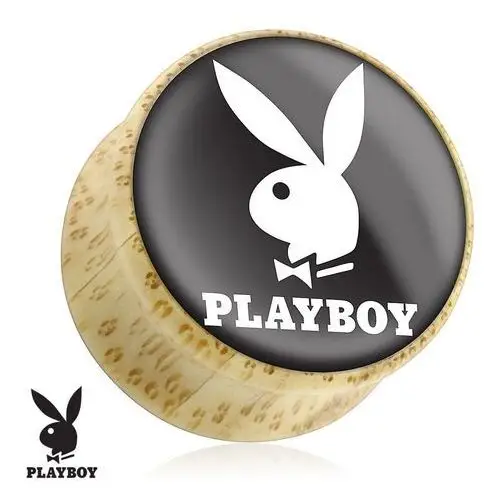 Siodłowy plug do ucha z naturalnego drewna, zajączek Playboy, czarne tło - Szerokość: 14 mm