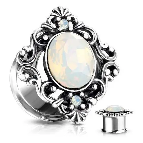 Biżuteria e-shop Siodłowy tunel do ucha srebrnego koloru, owalny syntetyczny opal, filigran - szerokość: 14 mm