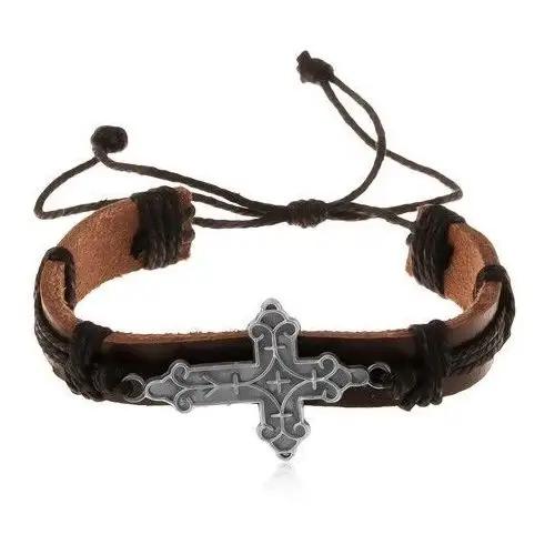 Skórzana bransoletka brązowego koloru z czarnymi sznurkami, ozdobnie wycięty krzyż Biżuteria e-shop