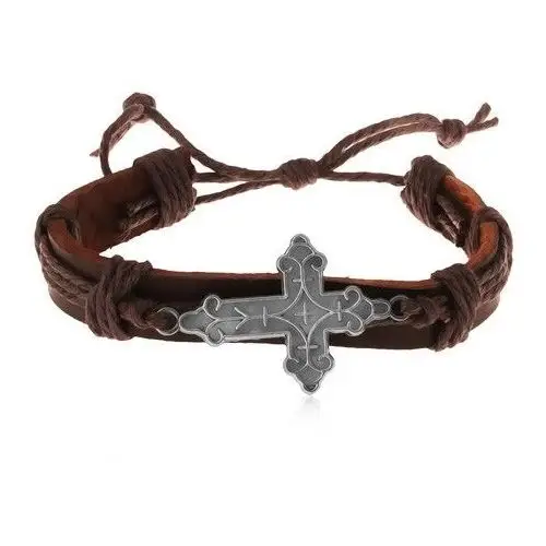 Skórzana bransoletka brązowego koloru ze sznurkami, ozdobnie powycinany duży krzyż Biżuteria e-shop