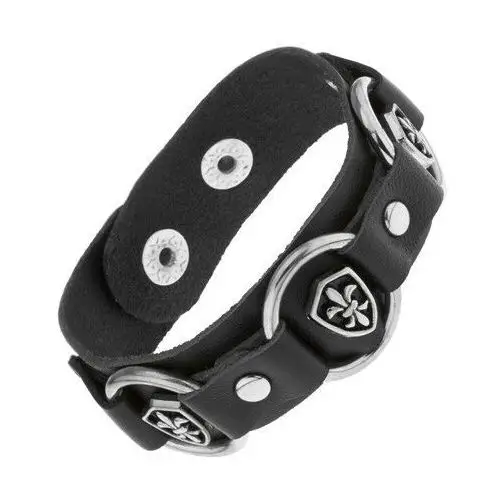 Skórzana bransoletka czarnego koloru, lśniące stalowe koła, symbole fleur de lis Biżuteria e-shop