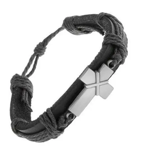 Skórzana bransoletka czarnego koloru, patynowany krzyż ze skrzyżowanymi paskami