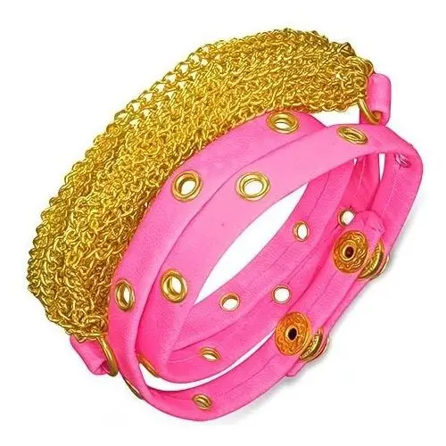 Skórzana bransoletka - różowy pas, nabijany, złote łańcuszki, kolor różowy