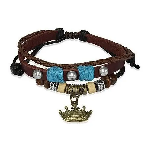 Biżuteria e-shop Skórzana bransoletka z drewnianymi koralikami, korona królewska