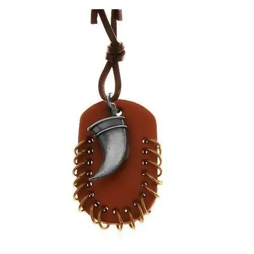 Skórzany naszyjnik, zawieszki - brązowy owal z małymi krążkami i zagięty kieł Biżuteria e-shop