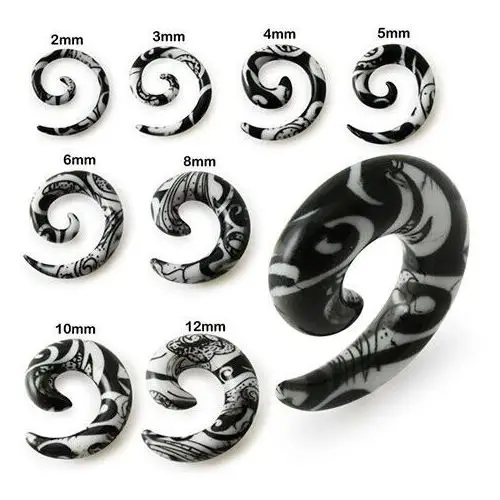 Spiralny expander do ucha w kolorze białym, czarny ornament - Szerokość: 10 mm, Y01.15