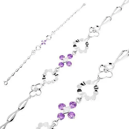 Biżuteria e-shop Srebrna 925 bransoletka, fioletowe cyrkonie, serca, kwiatki i łezkowe ogniwa