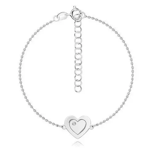 Srebrna 925 bransoletka - płaskie serce z wygrawerowanym sercem, przezroczysty diament