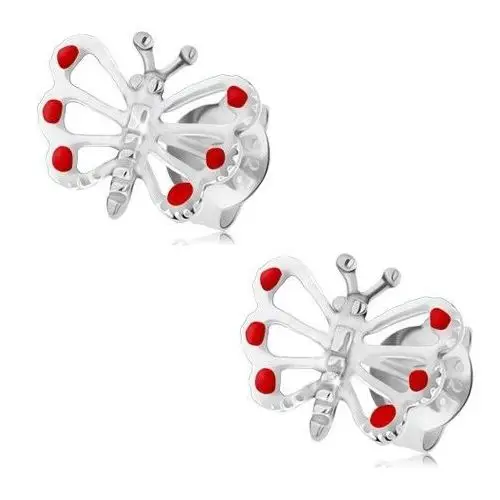 Srebrne 925 kolczyki, biało-czerwony motylek z wyciętymi skrzydłami Biżuteria e-shop