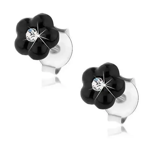 Srebrne 925 kolczyki, czarny kwiatek, kryształ Swarovski bezbarwnego koloru