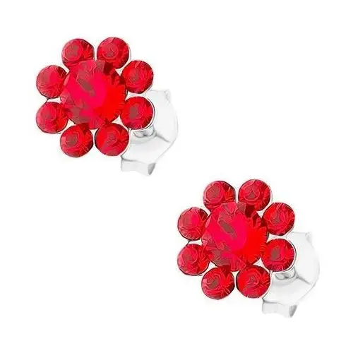 Srebrne 925 kolczyki, kwiatek z czerwonych kryształków Preciosa, kolor czerwony