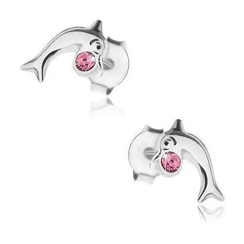 Srebrne 925 kolczyki, lśniący delfin z różowym kryształkiem swarovski Biżuteria e-shop