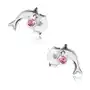 Srebrne 925 kolczyki, lśniący delfin z różowym kryształkiem swarovski Biżuteria e-shop Sklep