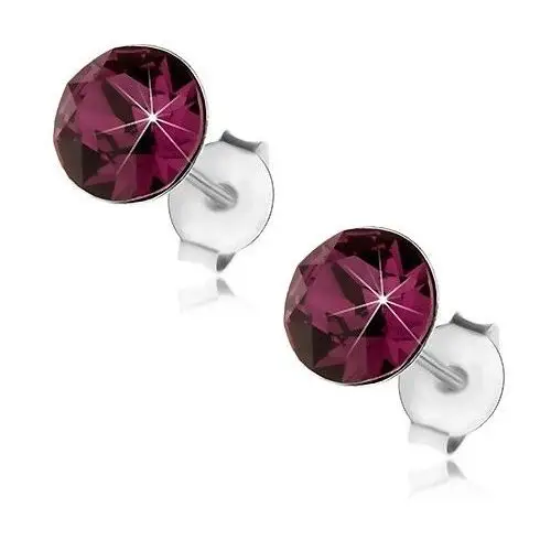 Srebrne 925 kolczyki, okrągły fioletowy kryształ Swarovski, 6 mm, kolor fioletowy