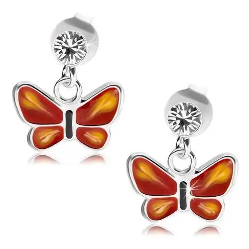Biżuteria e-shop Srebrne 925 kolczyki, przezroczysty kryształ swarovski, czerwono-różowy motylek