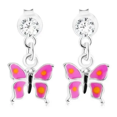 Biżuteria e-shop Srebrne 925 kolczyki, wiszący motylek z fioletowymi skrzydłami, kryształ swarovskiego