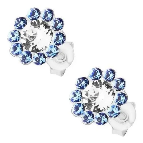 Srebrne kolczyki 925, błyszczący kwiat, bezbarwne i niebieskie kryształki Preciosa, kolor niebieski