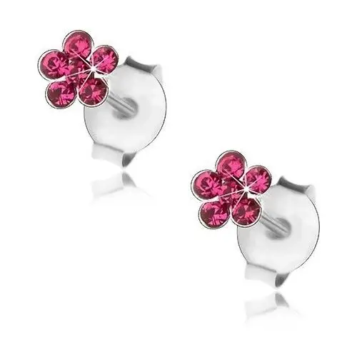 Srebrne kolczyki 925, błyszczący kwiatek z kryształków swarovski w kolorze fuksji Biżuteria e-shop