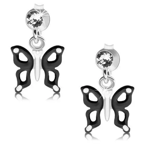 Srebrne kolczyki 925, czarno-biały motylek z wycięciami na skrzydłach, kryształ
