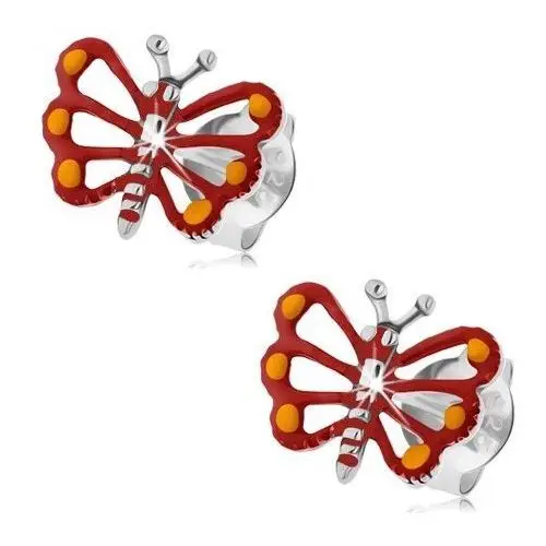 Srebrne kolczyki 925, czerwony motylek z wyciętymi skrzydłami, patyna, PC17.19