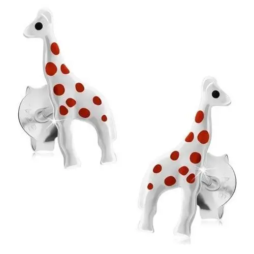 Biżuteria e-shop Srebrne kolczyki 925, lśniąca biała żyrafa z czerwonymi kropkami, sztyfty
