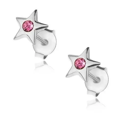 Srebrne kolczyki 925, lśniąca gwiazdeczka z kryształkiem w różowym odcieniu
