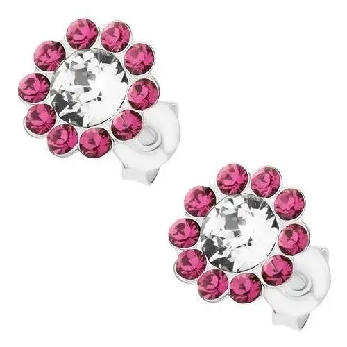 Srebrne kolczyki 925, lśniący kwiat z przezroczystych i różowych kryształków Preciosa, kolor różowy