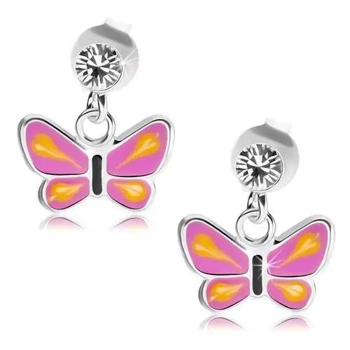 Srebrne kolczyki 925, motyl z fioletowymi skrzydłami, żółte łezki, przezroczysty kryształ