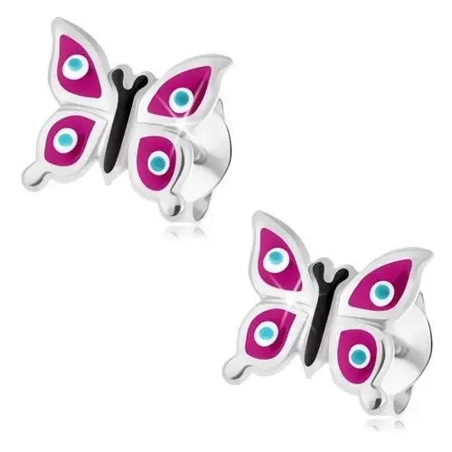 Srebrne kolczyki 925, motylek - fioletowe skrzydła, niebieskie kropki z białą otoczką Biżuteria e-shop
