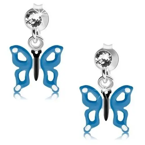 Biżuteria e-shop Srebrne kolczyki 925, niebiesko-biały motylek z wycięciami na skrzydłach, kryształ