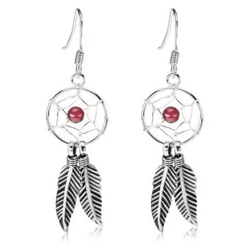Srebrne kolczyki 925, okrągły łapacz snów, czerwony koralik, piórka, 12 mm Biżuteria e-shop