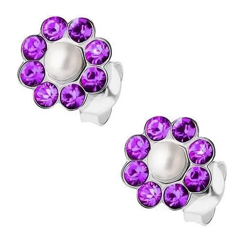 Srebrne kolczyki 925, perełka, fioletowe kryształki Preciosa - kwiatek, kolor fioletowy