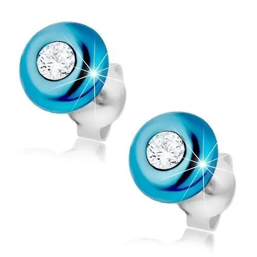 Biżuteria e-shop Srebrne kolczyki 925, półkula pokryta emalią niebieskiego koloru, cyrkonia