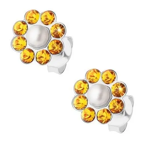Biżuteria e-shop Srebrne kolczyki 925, pomarańczowy kwiatek z perłową kuleczką pośrodku, sztyfty