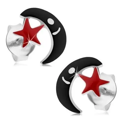Biżuteria e-shop Srebrne kolczyki 925, sztyfty, czarny księżyc, czerwona gwiazdeczka, emalia