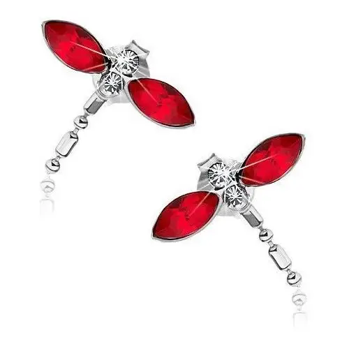 Srebrne kolczyki 925, ważki, czerwone skrzydła, kryształki Swarovski, wiszący ogon, kolor czerwony