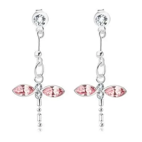 Biżuteria e-shop Srebrne kolczyki 925, wisząca różowo-bezbarwna ważka, kryształki swarovski
