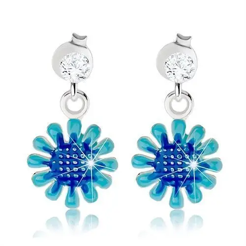 Srebrne kolczyki 925, wiszący kwiat w odcieniach niebieskiego koloru, bezbarwna cyrkonia Biżuteria e-shop
