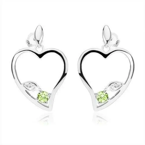 Srebrne kolczyki 925, zarys asymetrycznego serca, przezroczysta i zielona cyrkonia Biżuteria e-shop