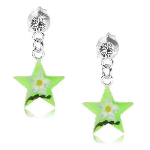 Srebrne kolczyki 925, zielona gwiazda z kwiatkiem, przezroczysty kryształ Swarovski, kolor zielony