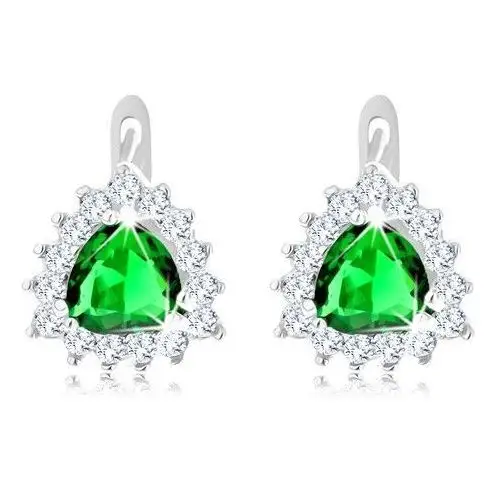 Biżuteria e-shop Srebrne kolczyki 925, zielony wyszlifowany trójkąt, błyszczące bezbarwne cyrkonie po obwodzie