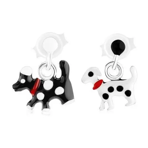 Biżuteria e-shop Srebrne kolczyki wkręty 925, wiszący pies w kropki z obrożą - kolor: czarny