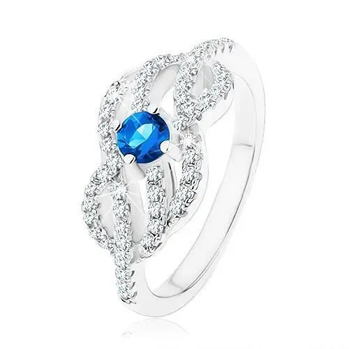 Biżuteria e-shop Srebrny 925 pierścionek, niebieska cyrkonia, splecione faliste linie - rozmiar: 51