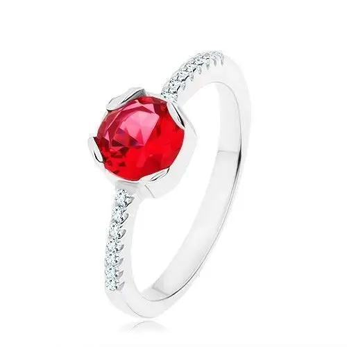 Biżuteria e-shop Srebrny 925 pierścionek, okrągła czerwona cyrkonia, wąskie ramiona, przejrzyste cyrkonie - rozmiar: 59