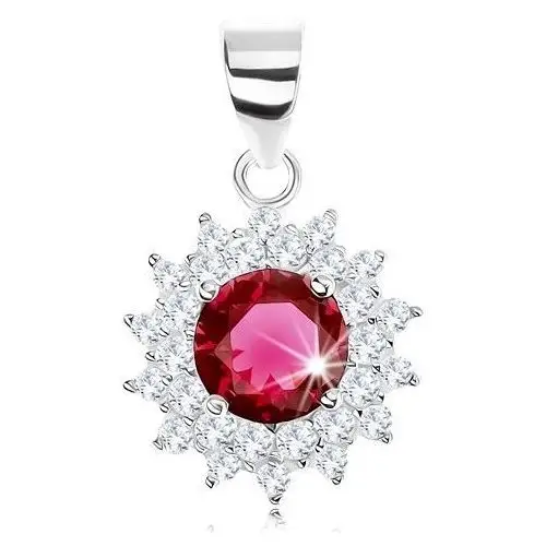 Srebrny 925 wisiorek, błyszczący kwiat, okrągła czerwono-fioletowa cyrkonia, przejrzyste płatki Biżuteria e-shop