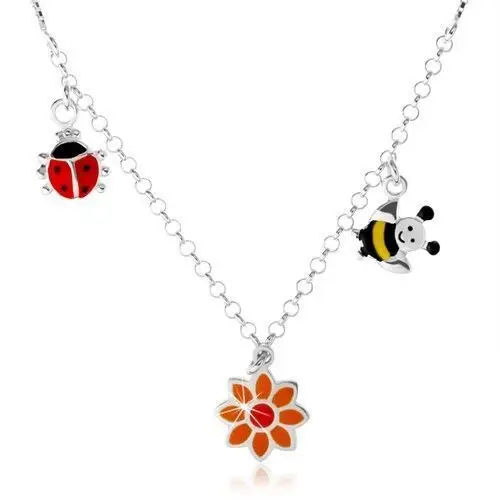 Srebrny naszyjnik 925 dla dzieci, kolorowa biedronka, kwiatek, pszczółka, kolor szary