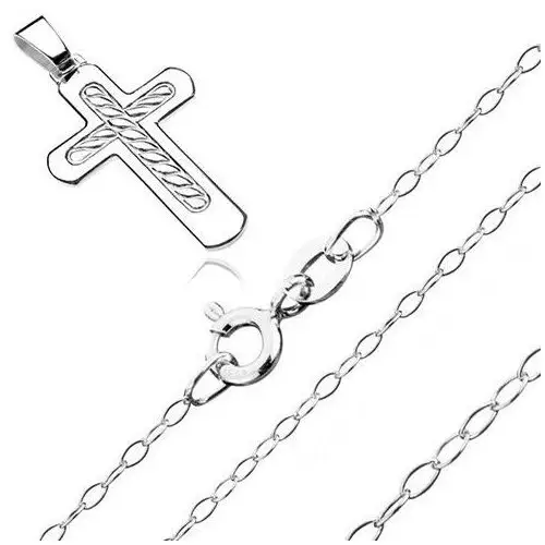 Biżuteria e-shop Srebrny naszyjnik 925 - krzyż z plecionym sznurem na środku, lśniący łańcuszek