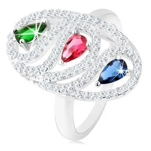 Biżuteria e-shop Srebrny pierścionek 925, cyrkoniowy owalny kontur, kolorowe wyszlifowane krople - rozmiar: 59